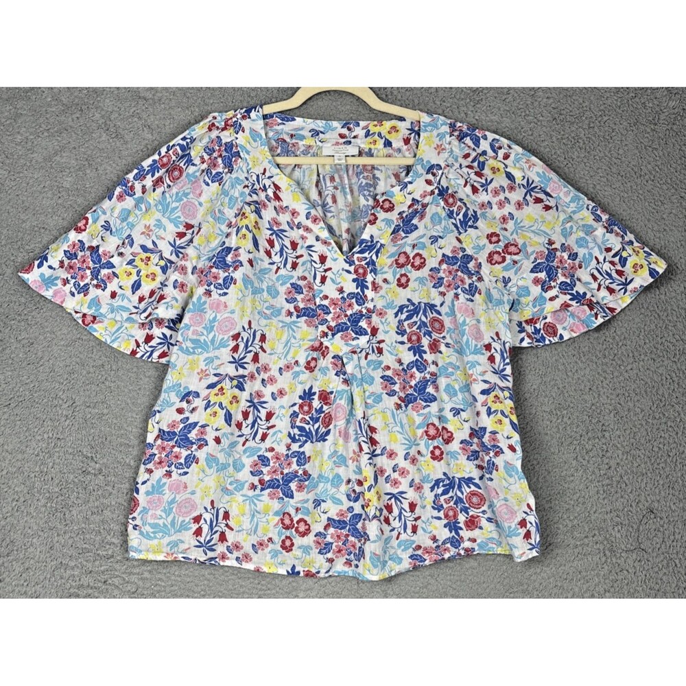 Charter Club Luxury Linen Top Size XL Floral Print Blouse Short Flutter Sleeve